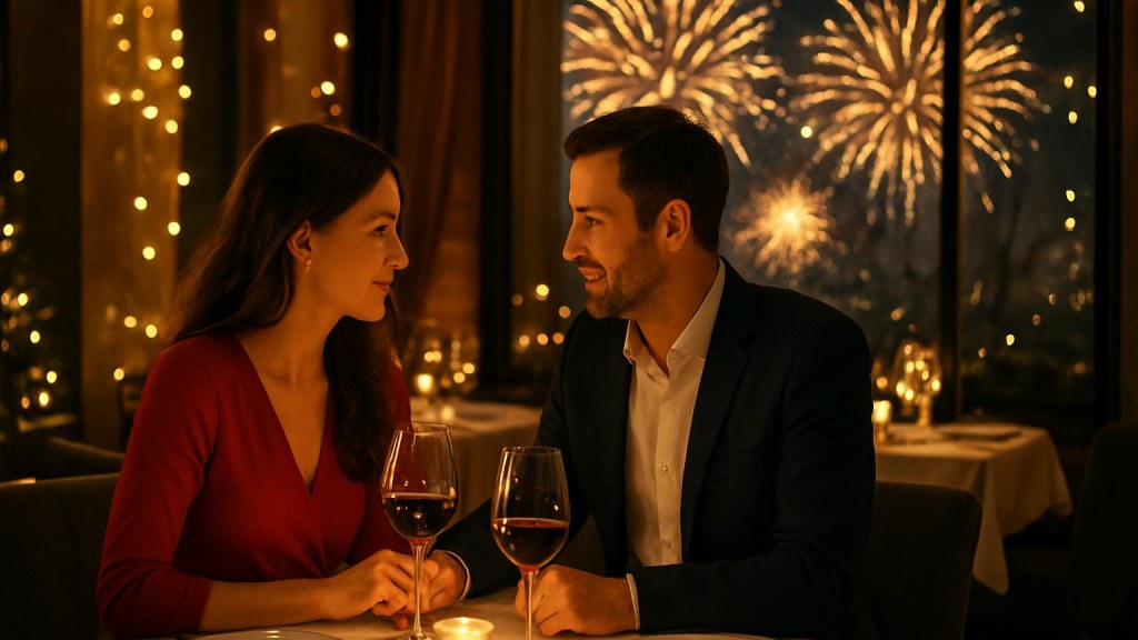 Coppia durante una cena romantica di Capodanno