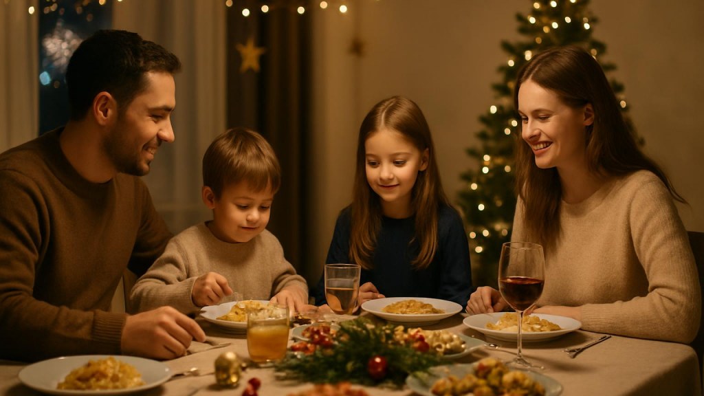 Famiglia con bambini in ambiente accogliente per Capodanno